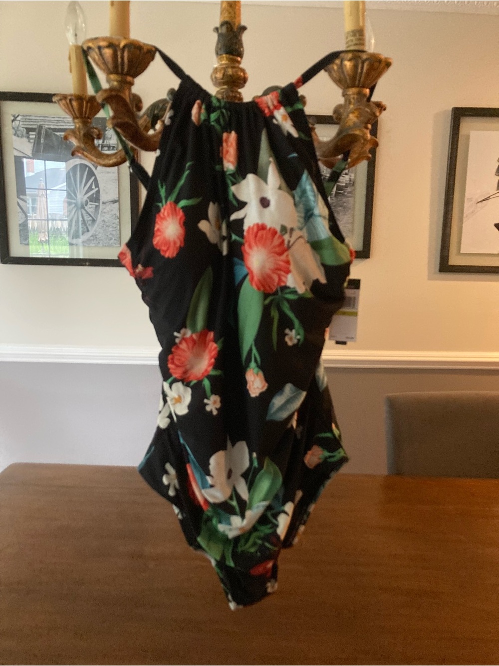 Jantzen NWT Black Floral One-Piece Swimsuit with Red and Green Accents